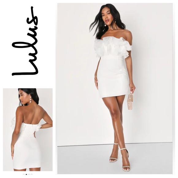Lulu's Starry-Eyed Love White Ruffled Strapless Bodycon Mini Dress